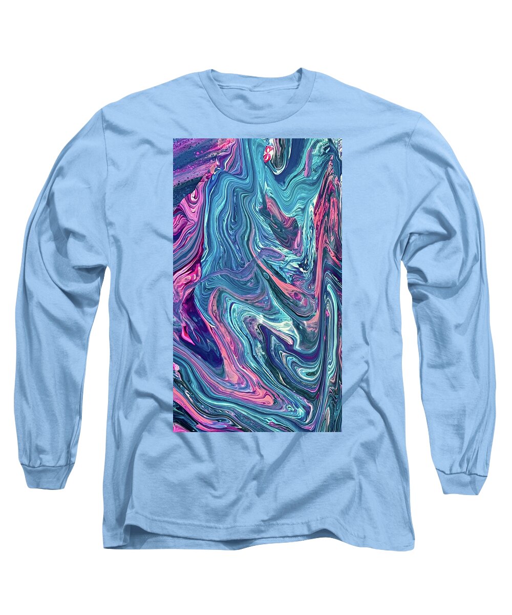 Abstract Long Sleeve T-Shirt featuring the painting Abstract Art Blue Pink Purple Acrylic Pouring Fluid Painting by Matthias Hauser
