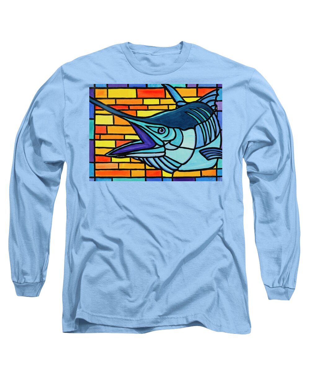 Marlin Long Sleeve T-Shirt featuring the painting Another Sunday Morning Marlin by Steve Shaw