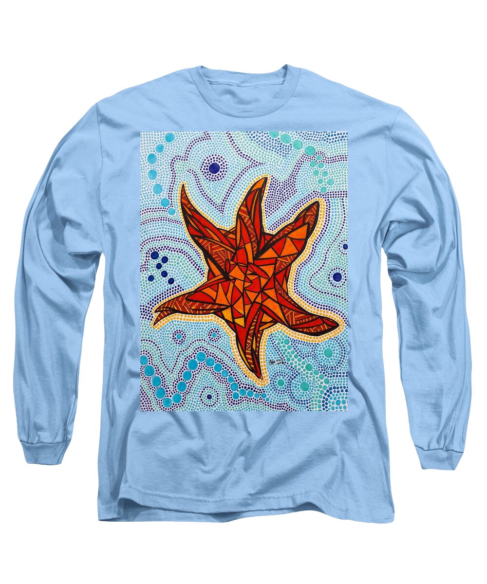 Starfish Long Sleeve T-Shirt featuring the drawing Funky Starfish by Peter Johnstone
