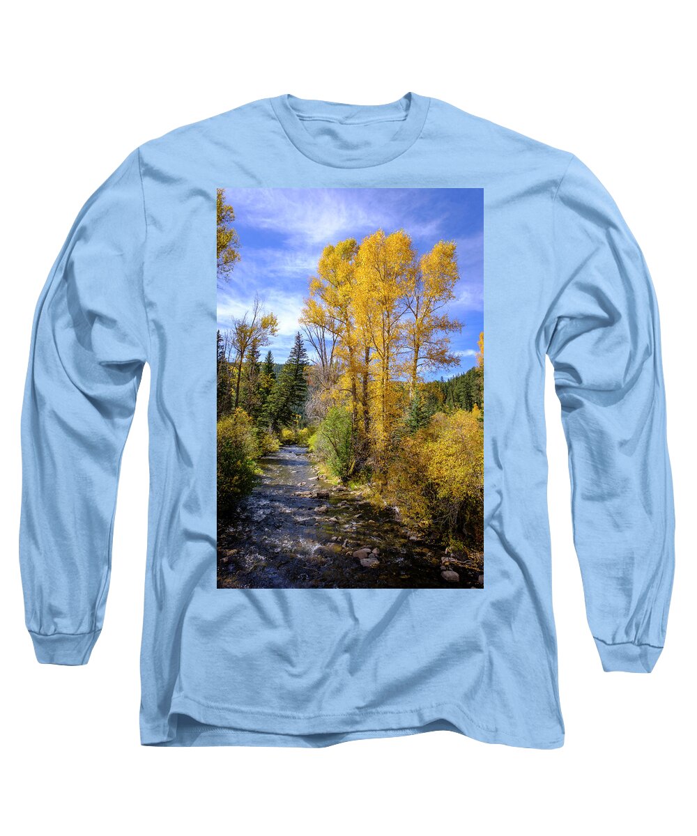 Scenic Long Sleeve T-Shirt featuring the photograph Autumn Day in New Mexico Blue Skies Golden Trees by Mary Lee Dereske