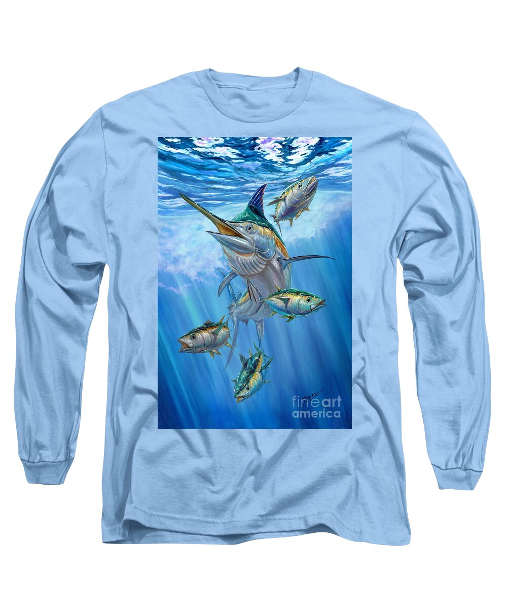 Black Marlin Long Sleeve T-Shirt featuring the painting Black Marlin And Albacore by Terry Fox