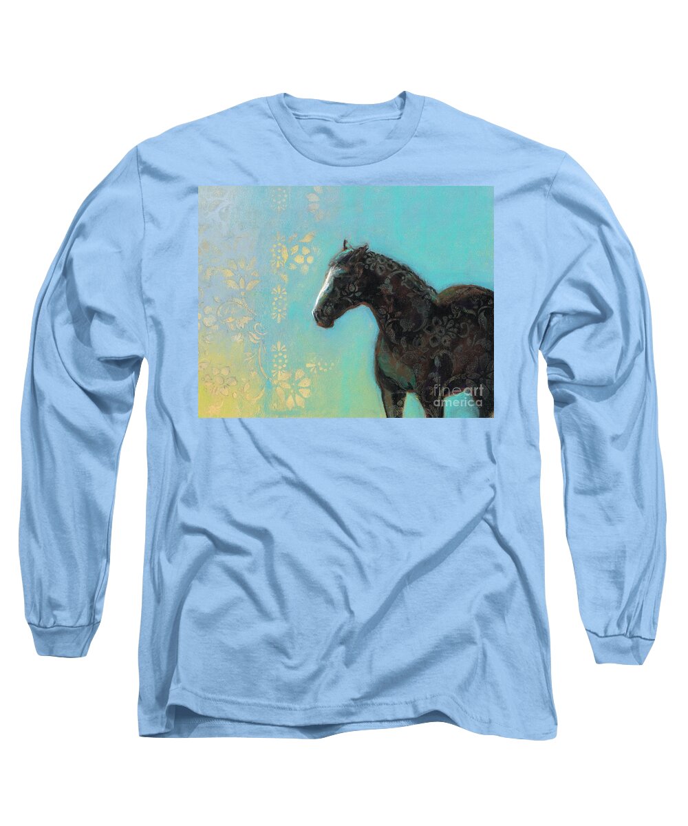 Equine Art Long Sleeve T-Shirt featuring the painting Caught Running Thru the Pansies by Frances Marino