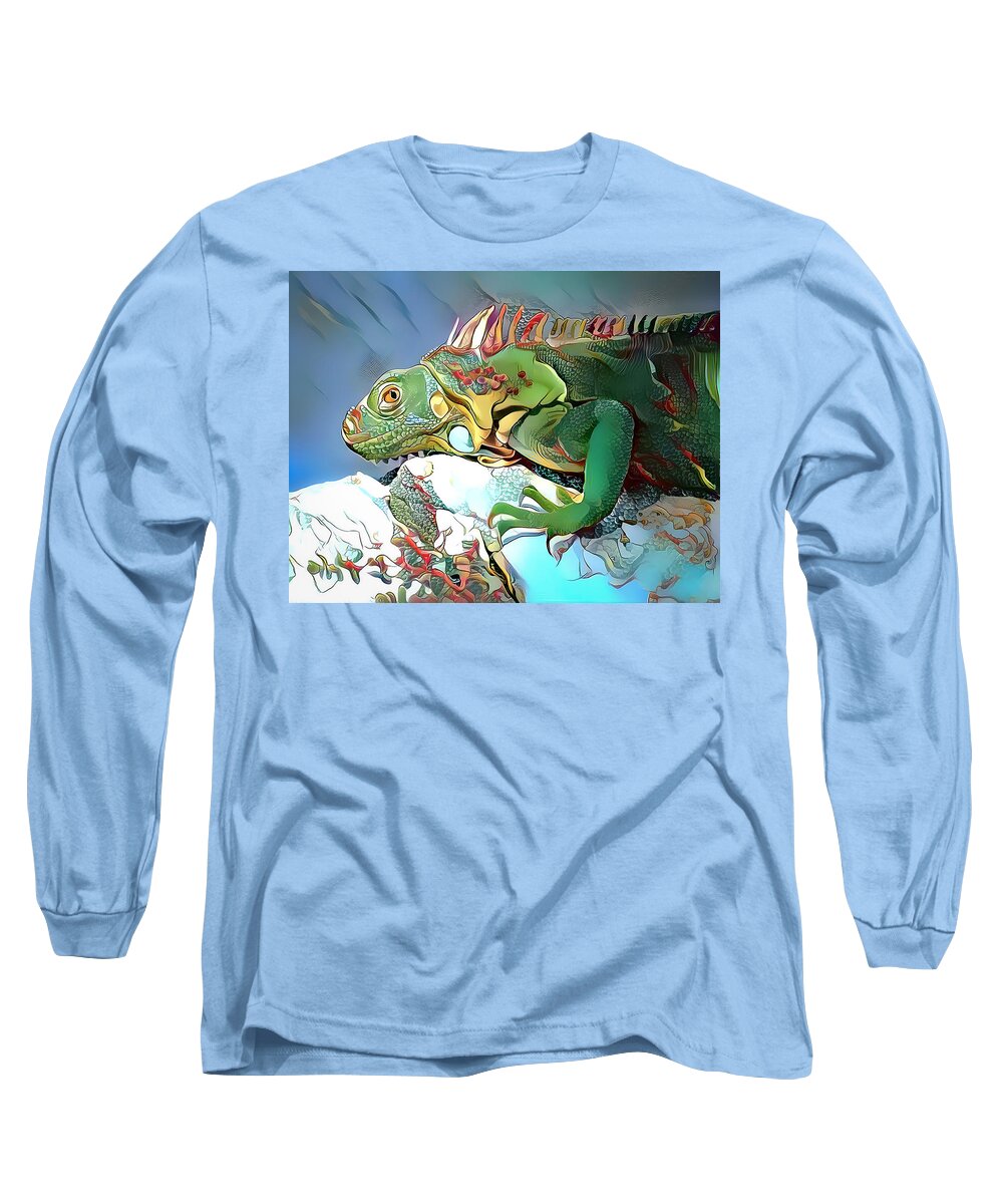 Iguana Long Sleeve T-Shirt featuring the mixed media Colorful Iguana by Debra Kewley