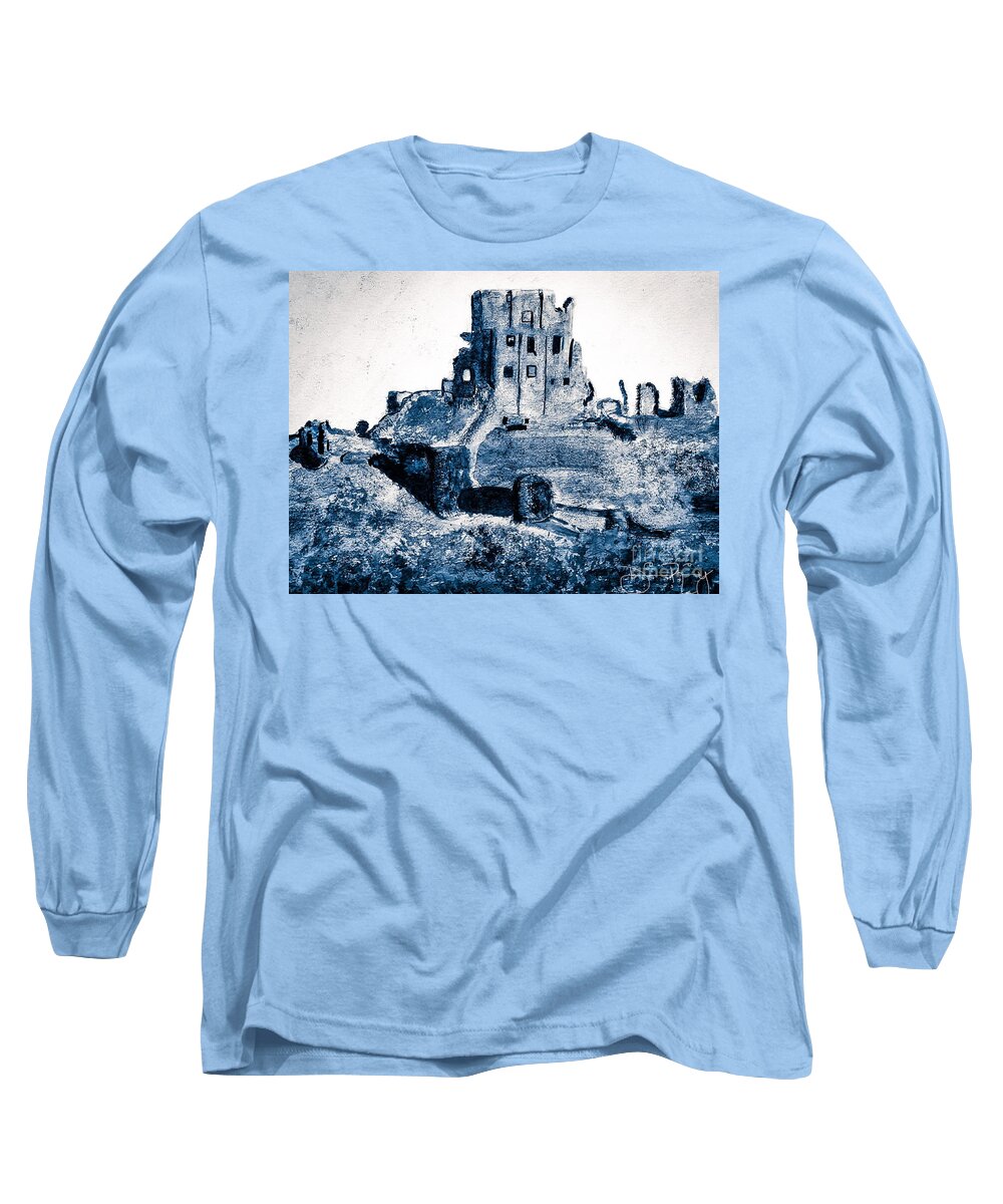 Corfe Castle Long Sleeve T-Shirt featuring the painting Corfe Castle by Denise Railey