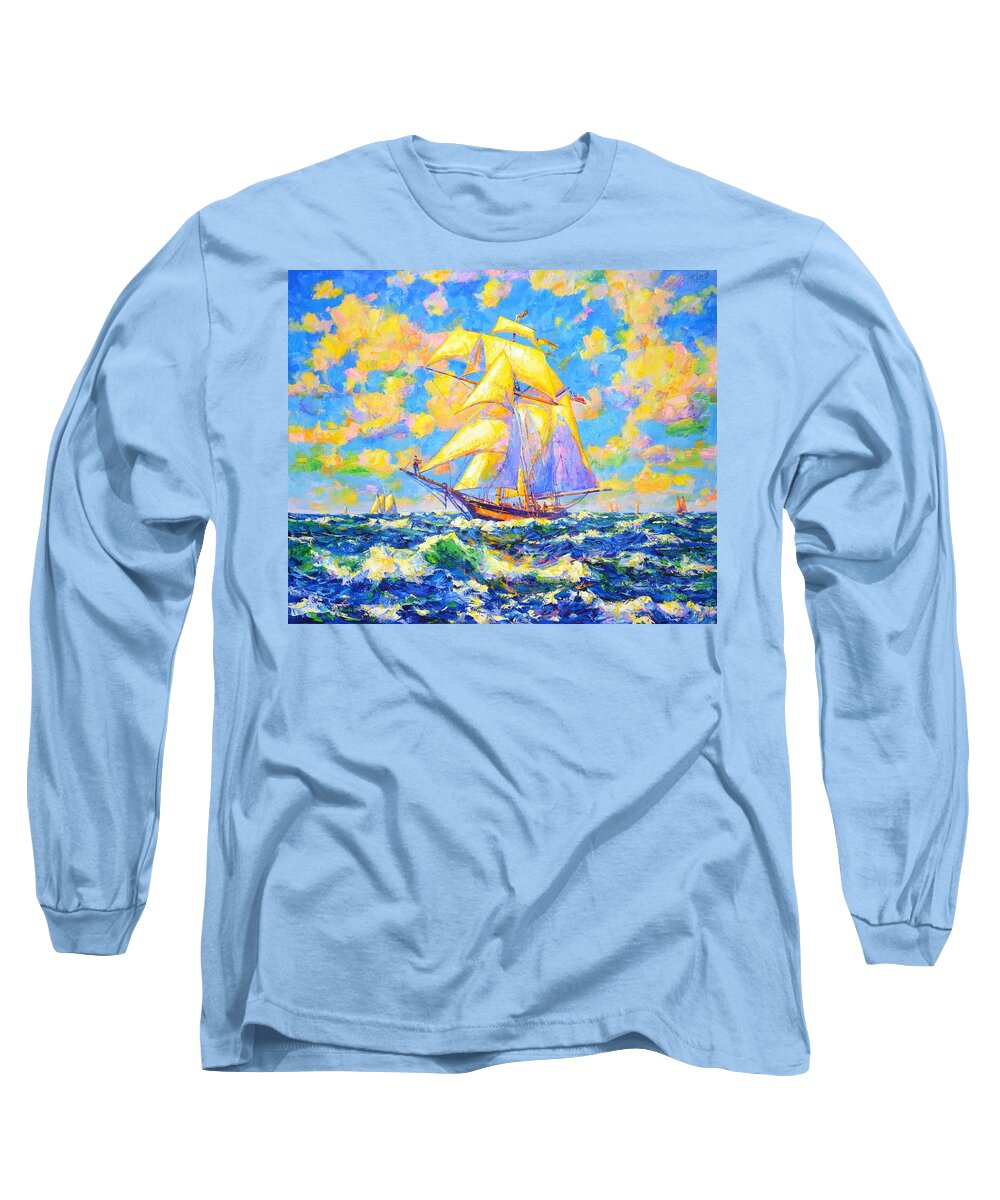 Sailboats Long Sleeve T-Shirt featuring the painting Dream ship. by Iryna Kastsova