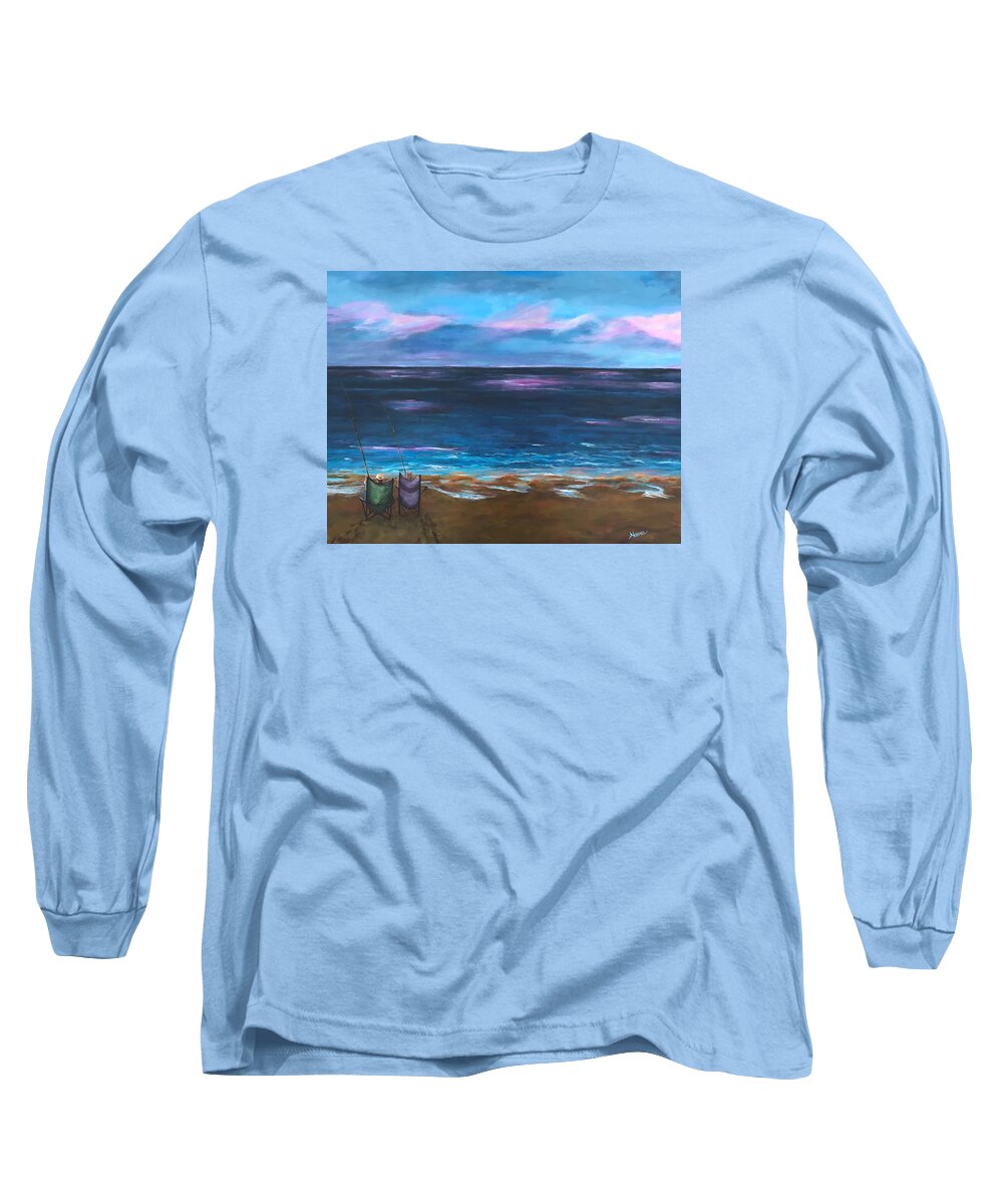 Pink Sky Long Sleeve T-Shirt featuring the painting Early Morning Surf Fishing by Deborah Naves