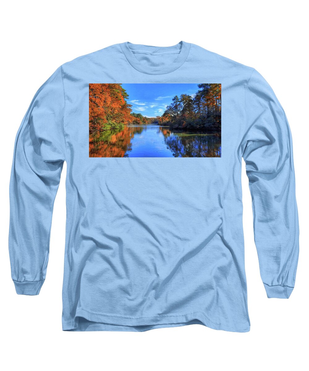 Autumn Long Sleeve T-Shirt featuring the photograph Fall Reflections in Mariners Lake in Newport News Virginia by Ola Allen