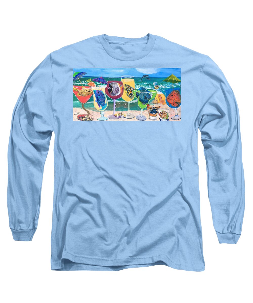 Beach Party Long Sleeve T-Shirt featuring the painting Fintastic Beach Party by Linda Kegley