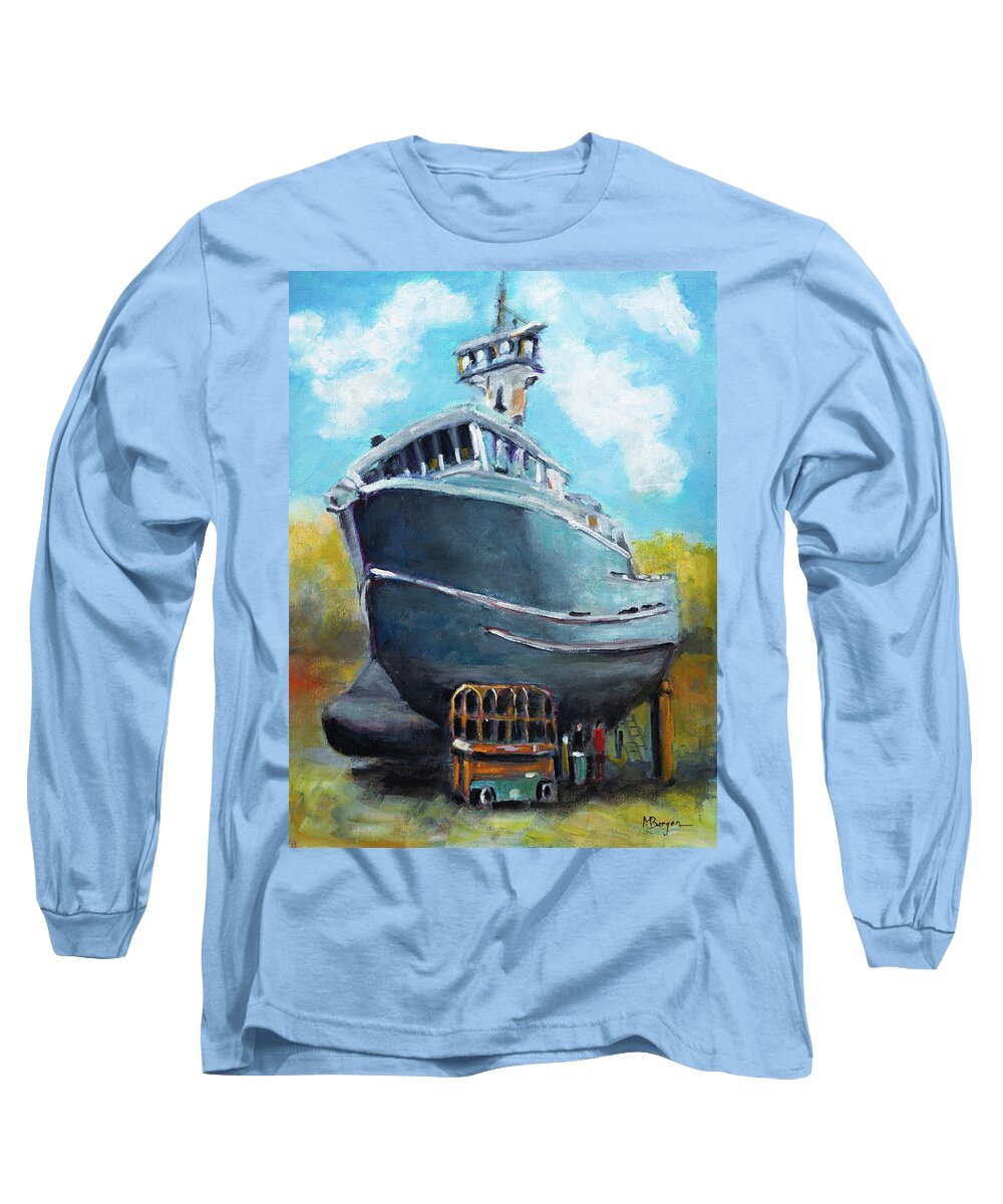 Fishing Boat Long Sleeve T-Shirt featuring the painting Fishing Boat at Drydock by Mike Bergen