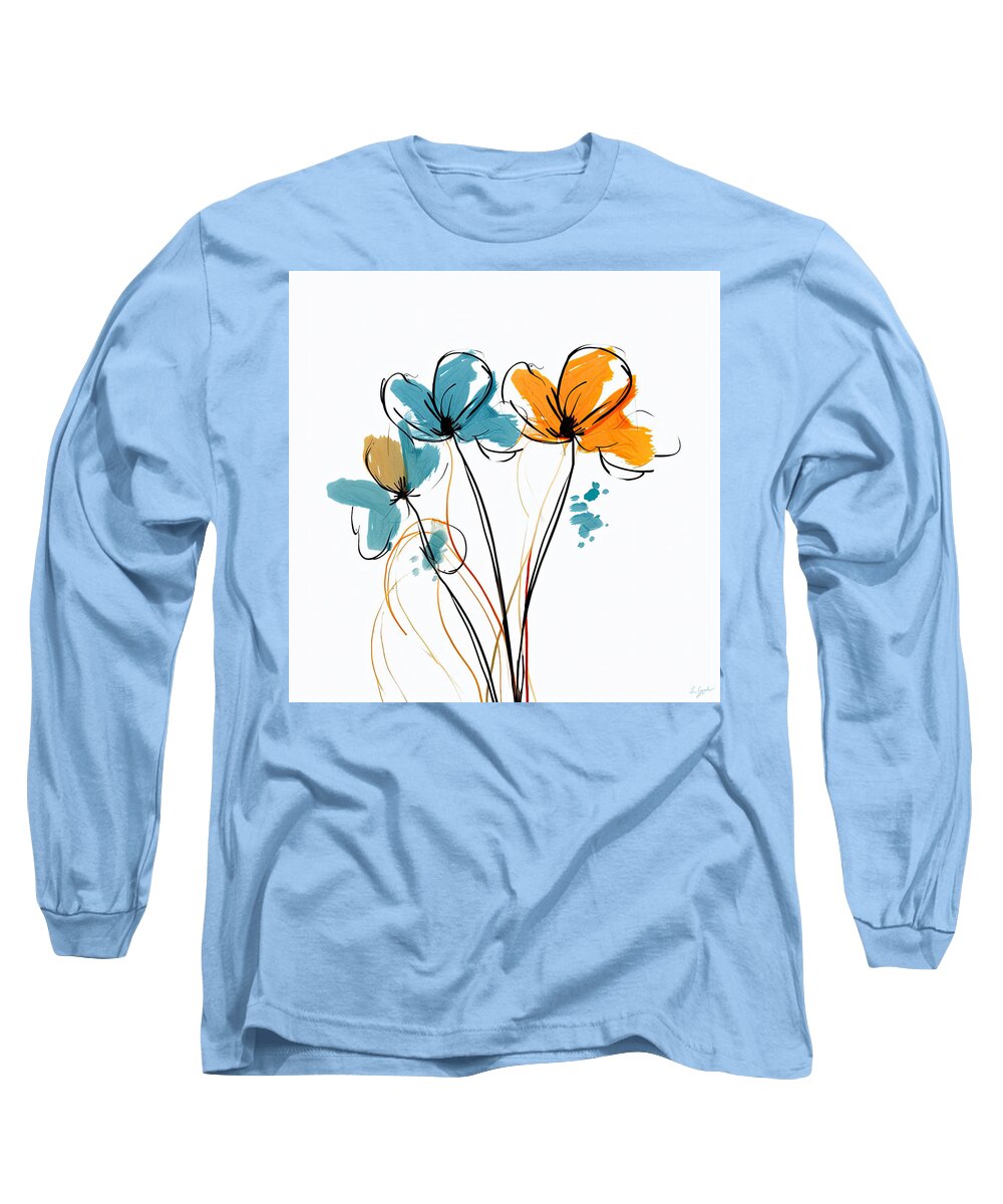 Turquoise And Orange Long Sleeve T-Shirt featuring the painting Flowers Minimalist Art - Turquoise Orange and Yellow Art by Lourry Legarde