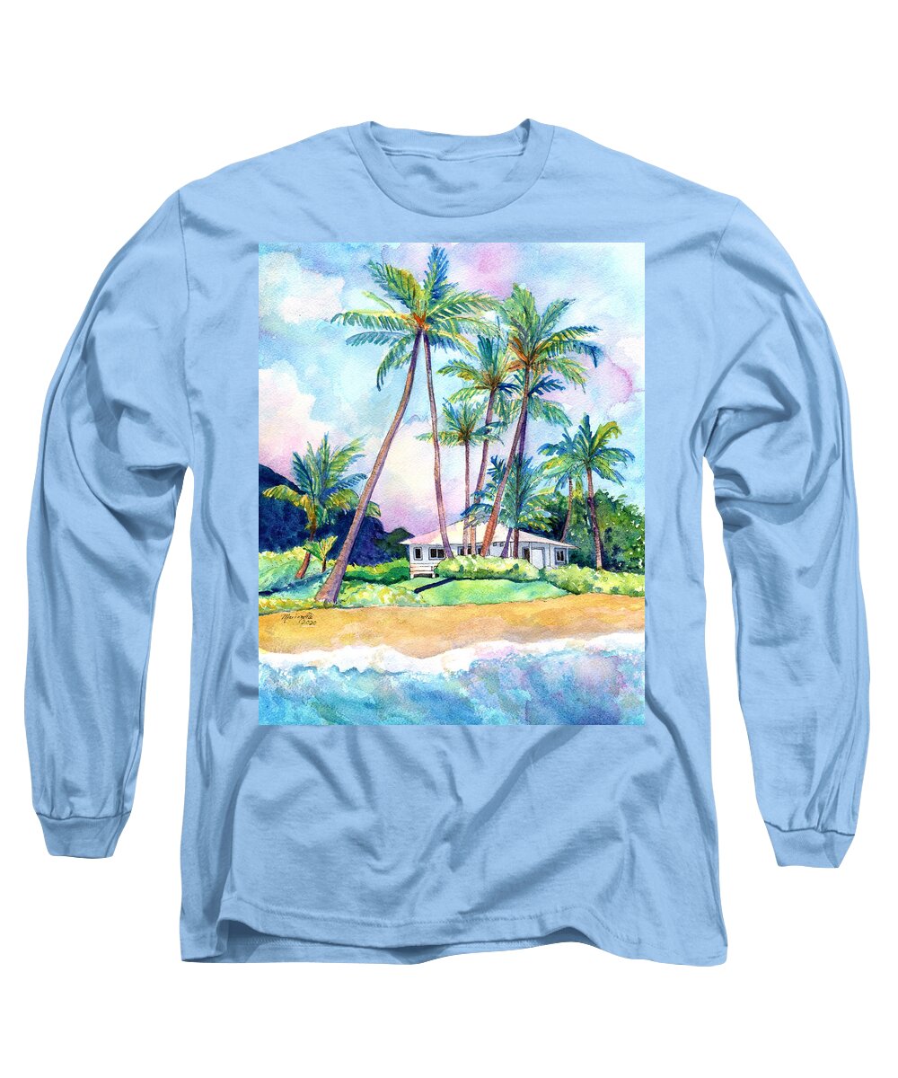 Kauai Art Long Sleeve T-Shirt featuring the painting Gillin's Beach House by Marionette Taboniar