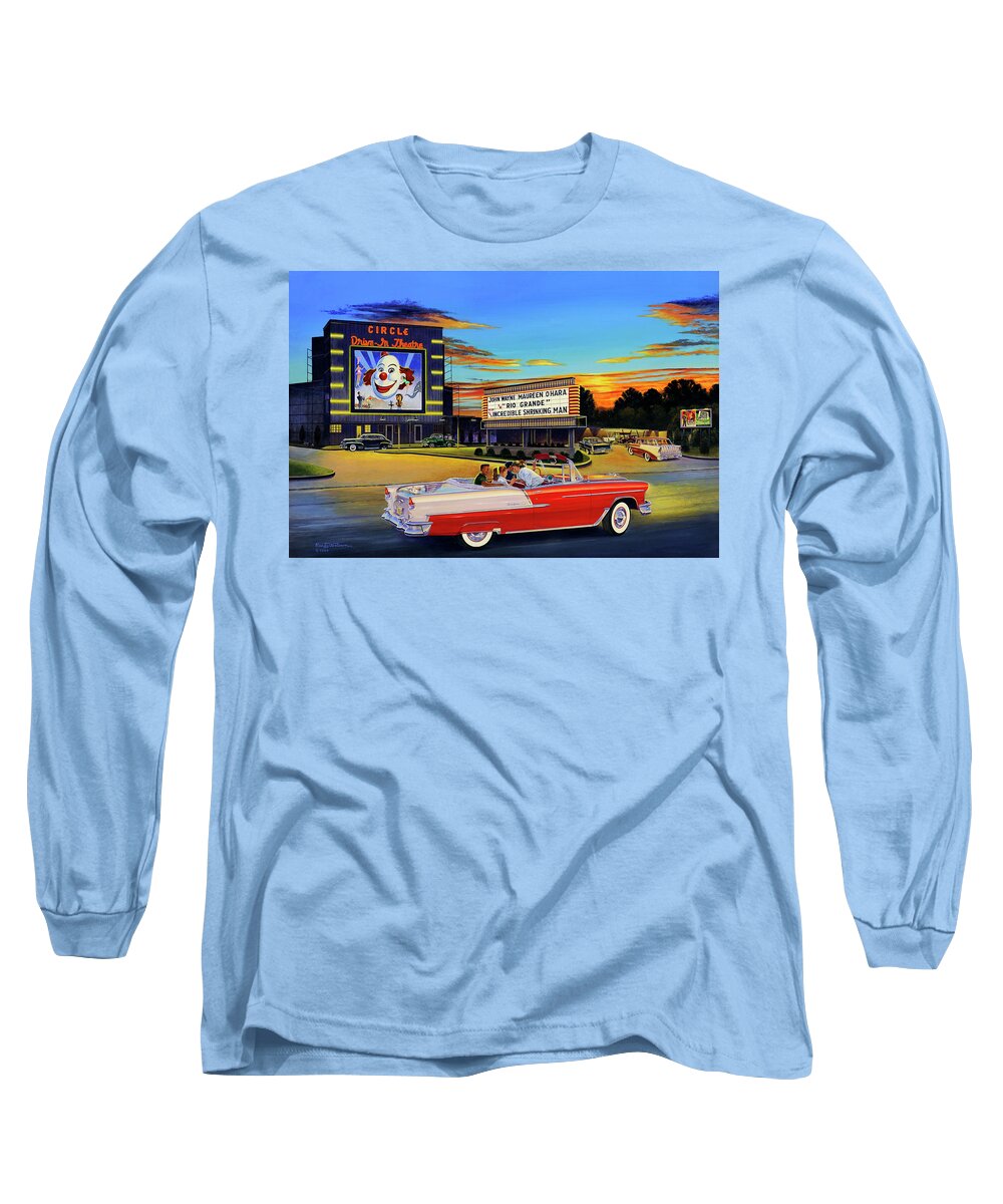 Circle Drive-in Theatre Long Sleeve T-Shirt featuring the painting Goin' Steady - The Circle Drive-In Theatre by Randy Welborn