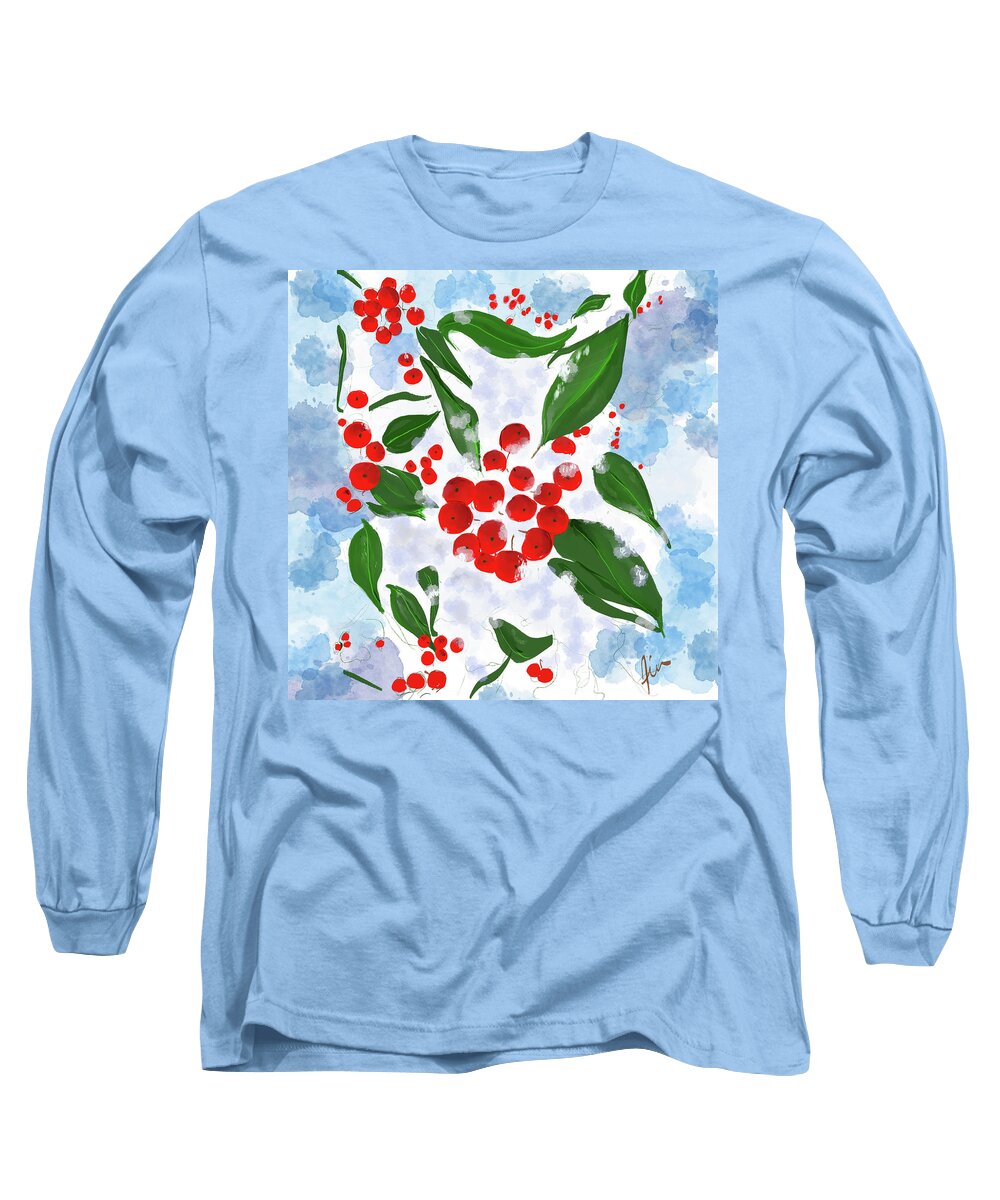 Holly Long Sleeve T-Shirt featuring the digital art Holly Berries in Snow by Jim Moore