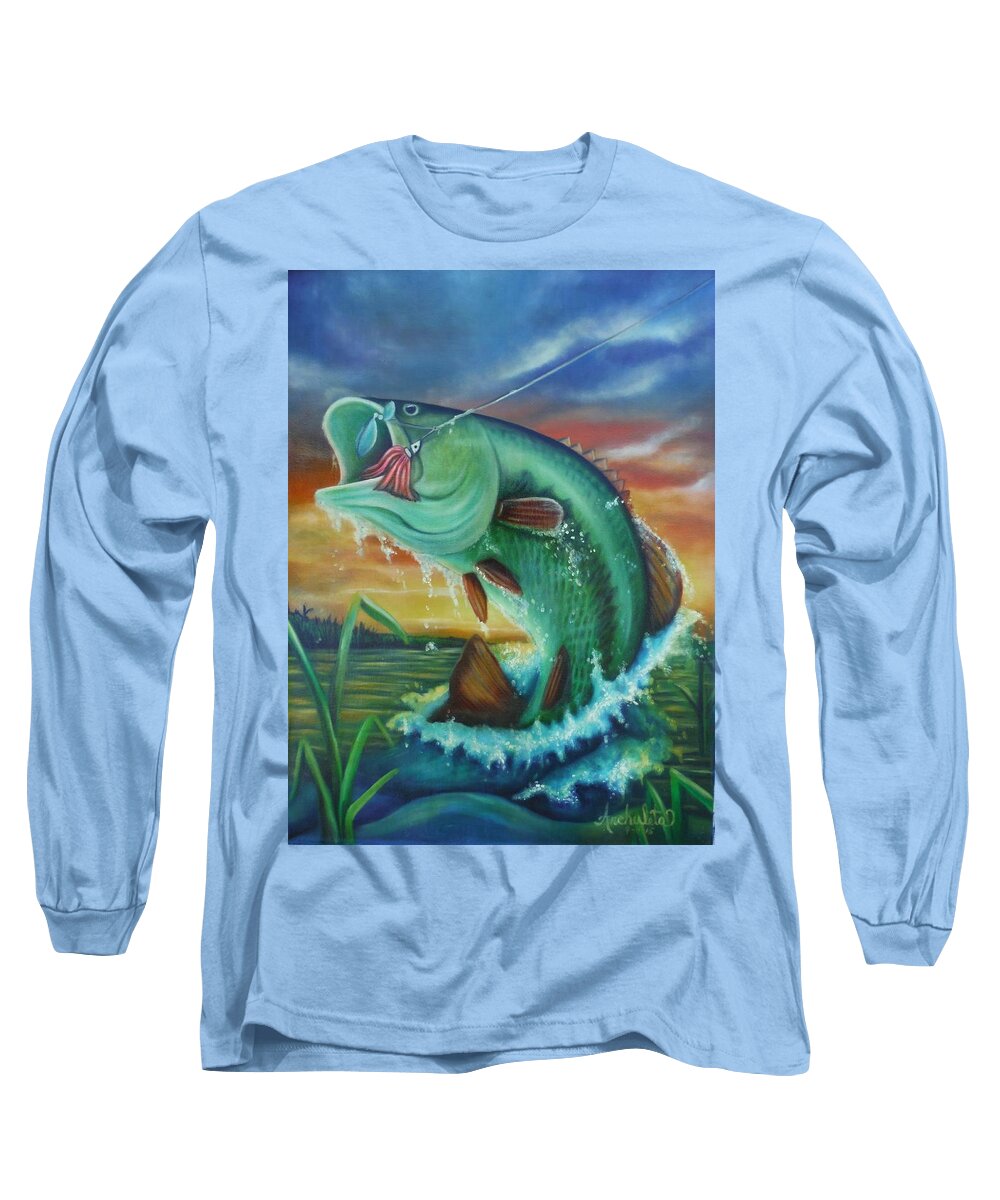 Hooked - Trout Fishing On Vacation Long Sleeve T-Shirt featuring the painting Hooked by Ruben Archuleta - Art Gallery