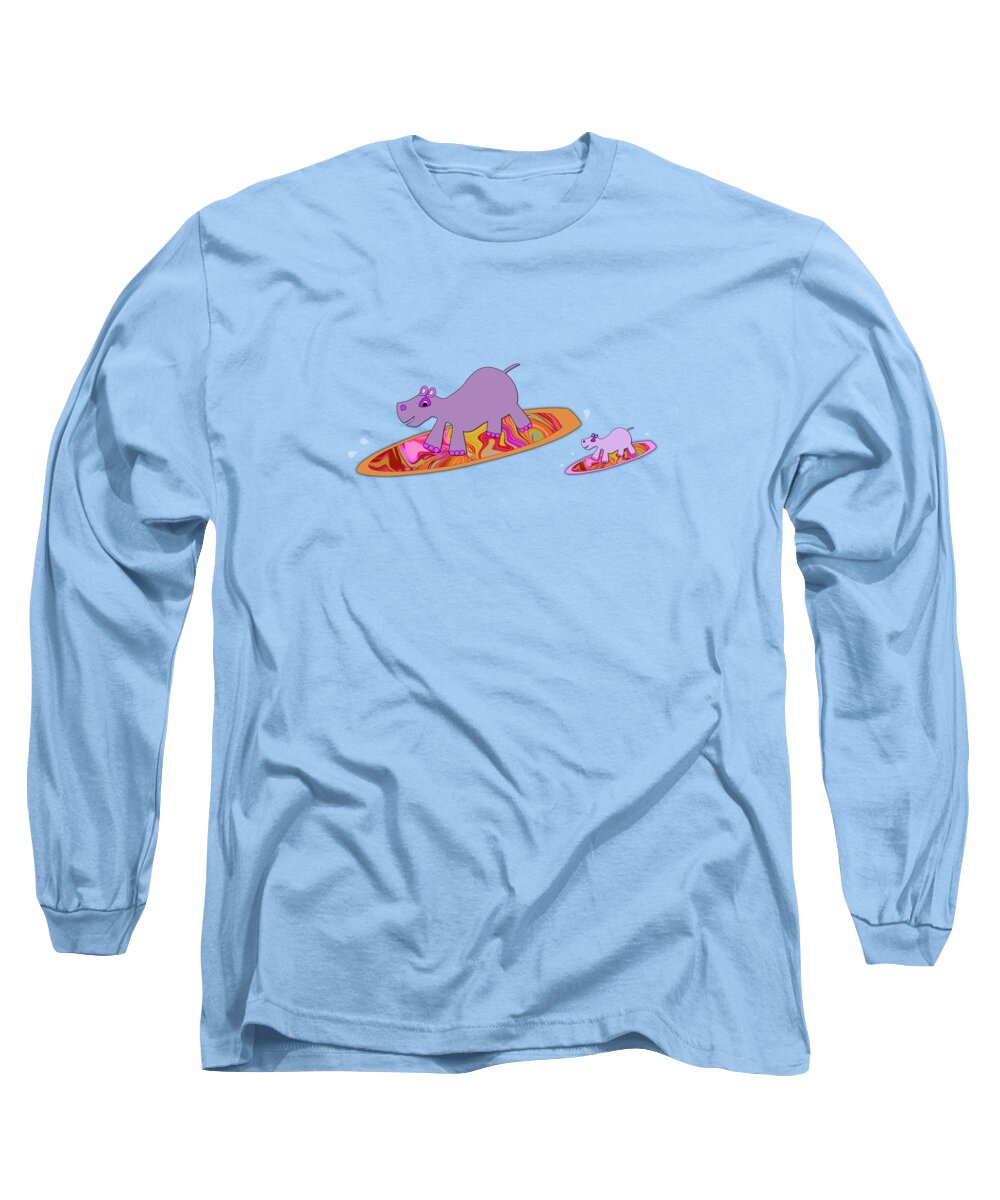 Hippo Long Sleeve T-Shirt featuring the digital art Hippos Surfing - Family Day Out by Barefoot Bodeez Art