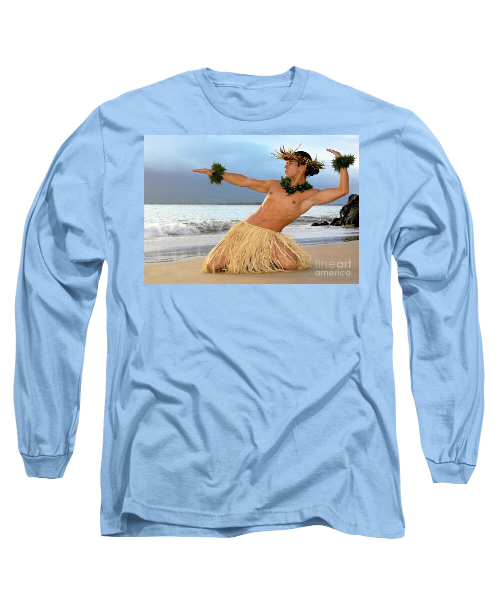 Male Hula Dancer Long Sleeve T-Shirt featuring the photograph Male Hula Dancer performs on the beach.	 by Gunther Allen