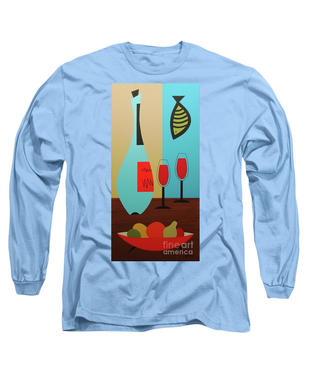 Mid Century Modern Long Sleeve T-Shirt featuring the mixed media Mid Century Still Life Wine and Fruit Bowl by Donna Mibus