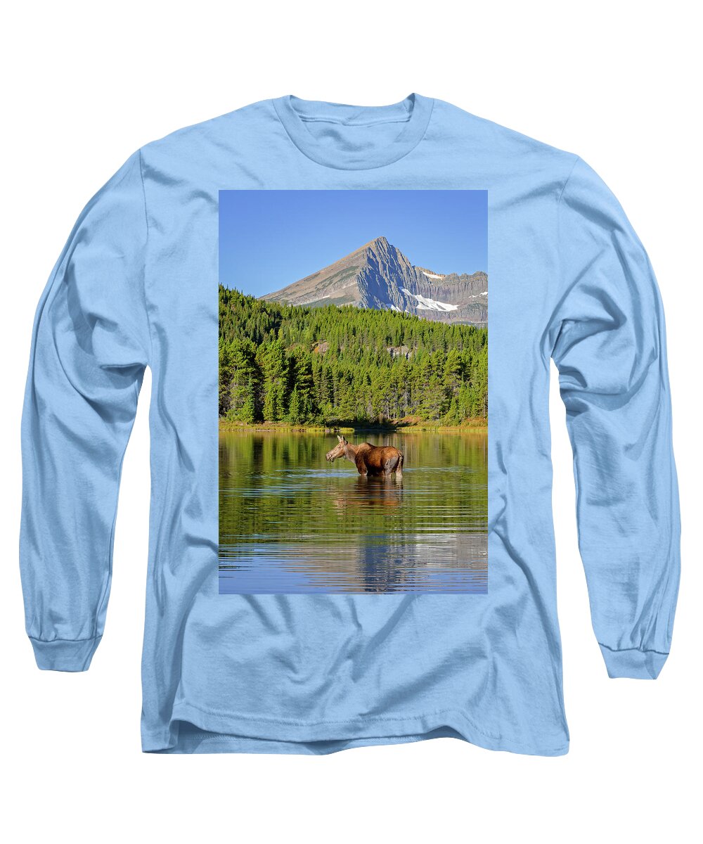 Glacier National Park Long Sleeve T-Shirt featuring the photograph Moose and Swiftcurrent Mountain by Jack Bell