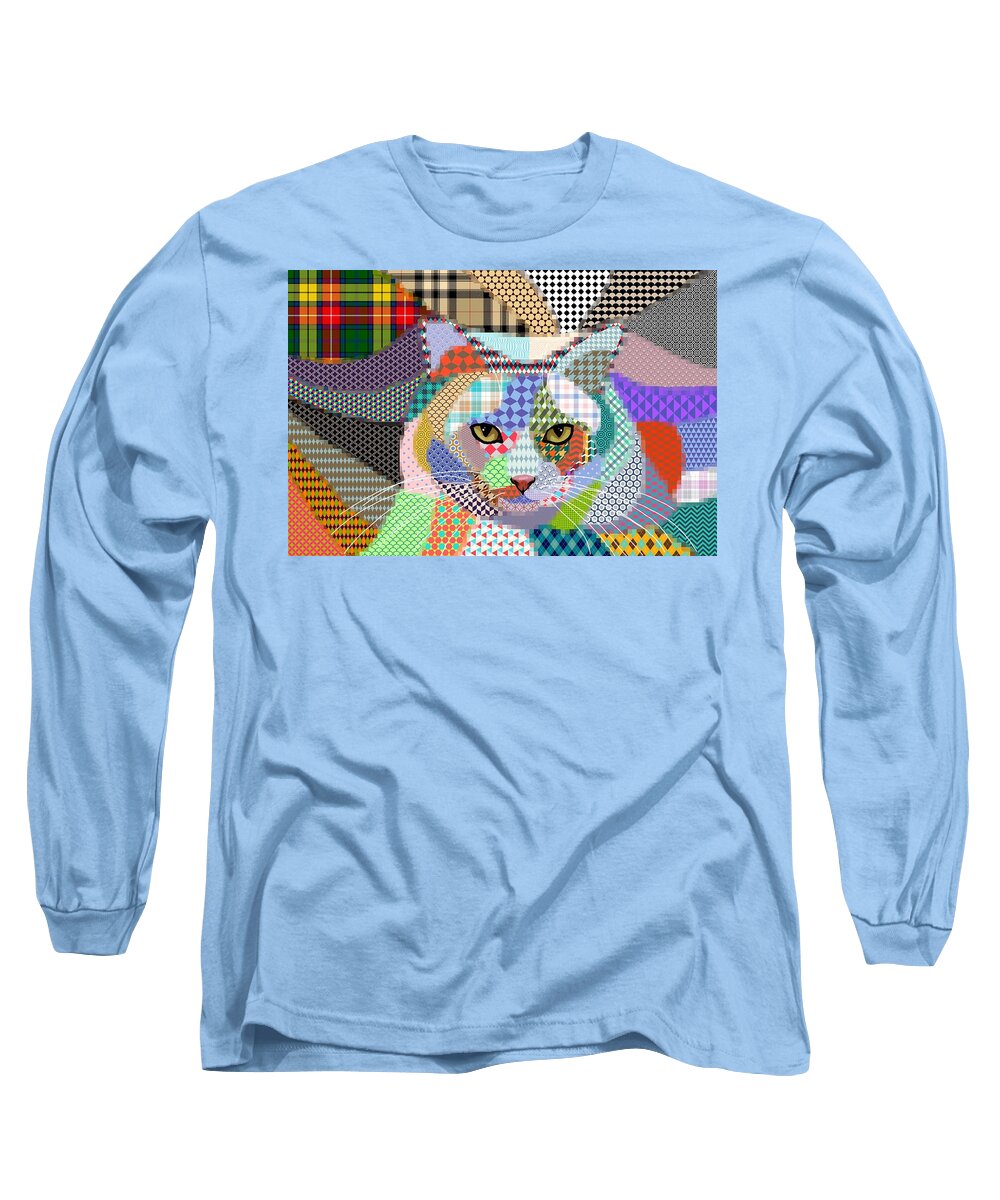 Cat Long Sleeve T-Shirt featuring the digital art Multicolor Cat 678 Patterns by Lucie Dumas