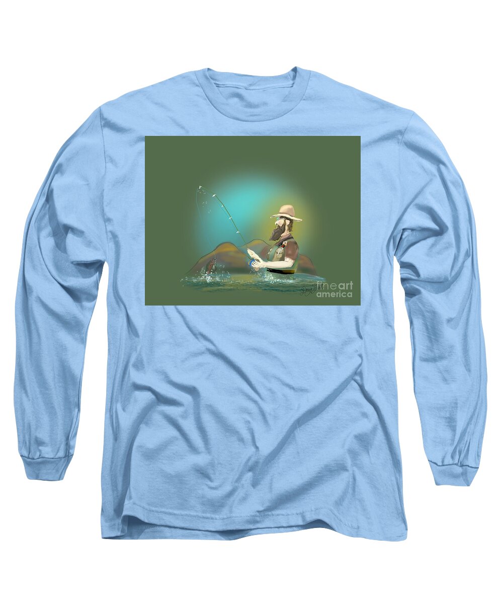 Fly Fishing Long Sleeve T-Shirt featuring the digital art Old Man Fly Fishing by Doug Gist