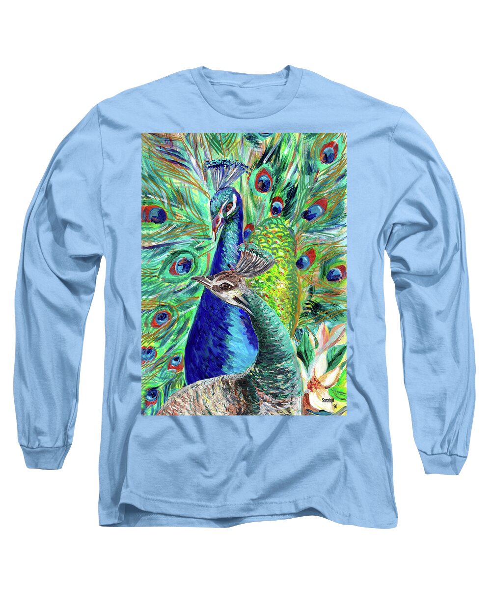 Peacock Long Sleeve T-Shirt featuring the painting Peacock and hen by Sarabjit Singh