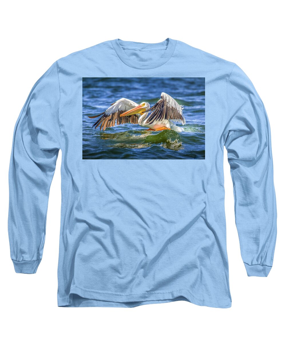 Grand Lake Long Sleeve T-Shirt featuring the photograph Pelican Lift Off by David Wagenblatt