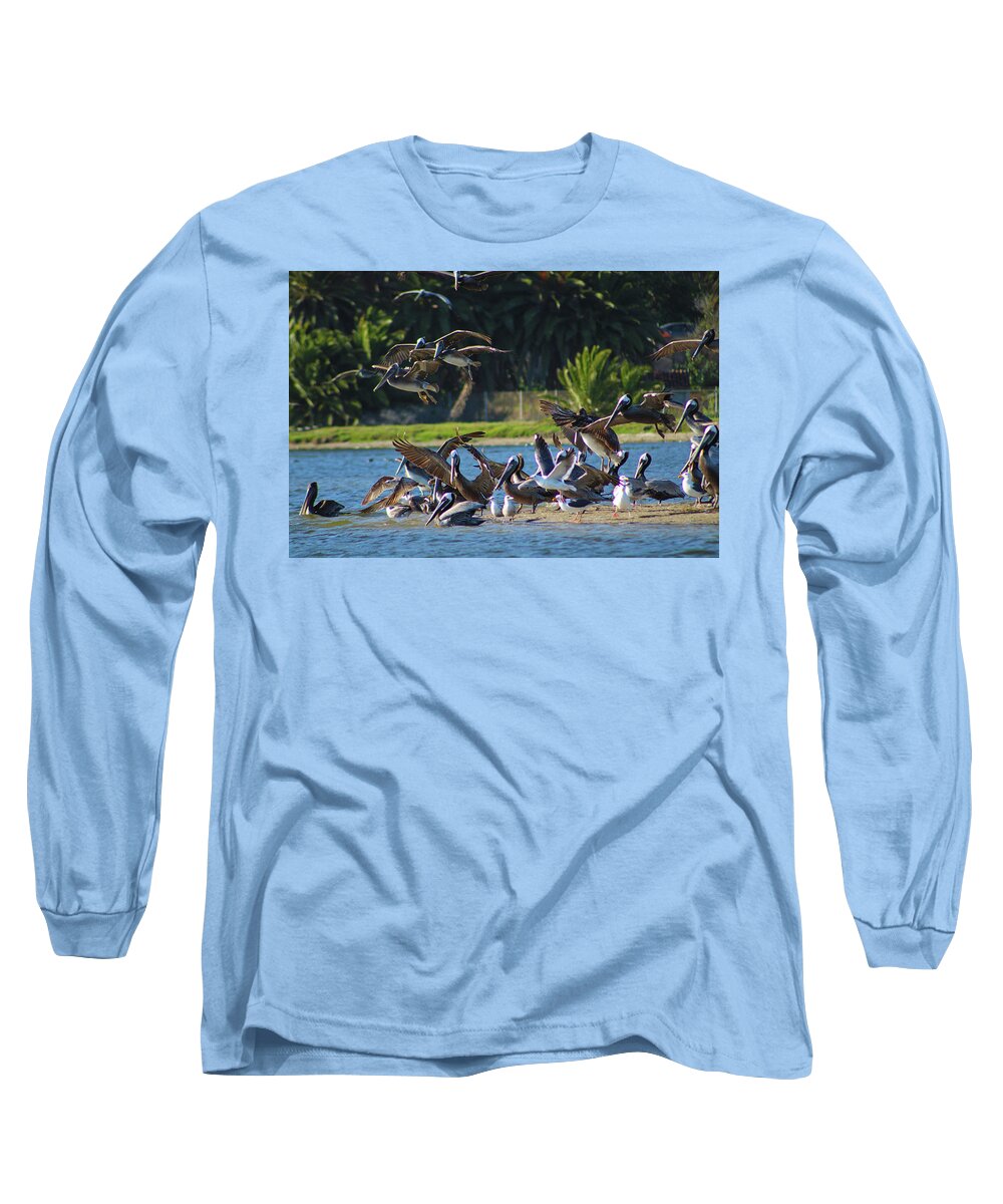 Bird Long Sleeve T-Shirt featuring the photograph Pelicans In Flight Over the Lagoon by Marcus Jones