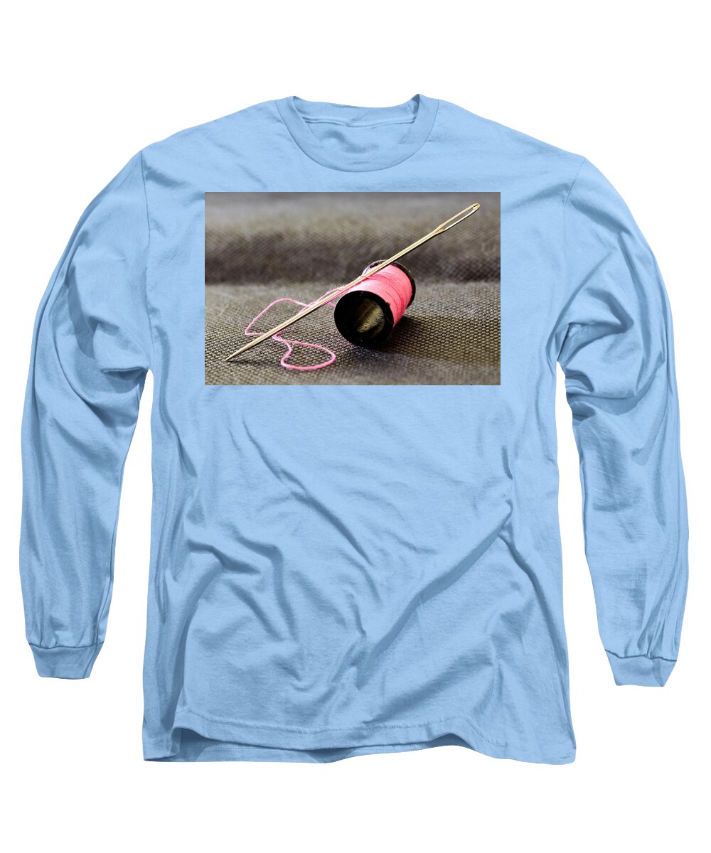 Needle Long Sleeve T-Shirt featuring the photograph Pink Cotton Thread by Neil R Finlay