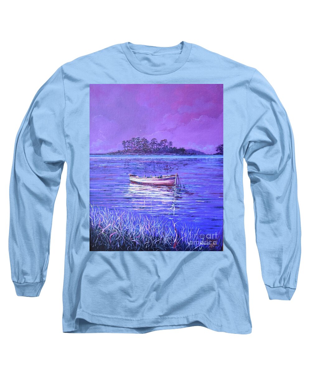 Nature Long Sleeve T-Shirt featuring the painting Pink Marsh by Sinisa Saratlic