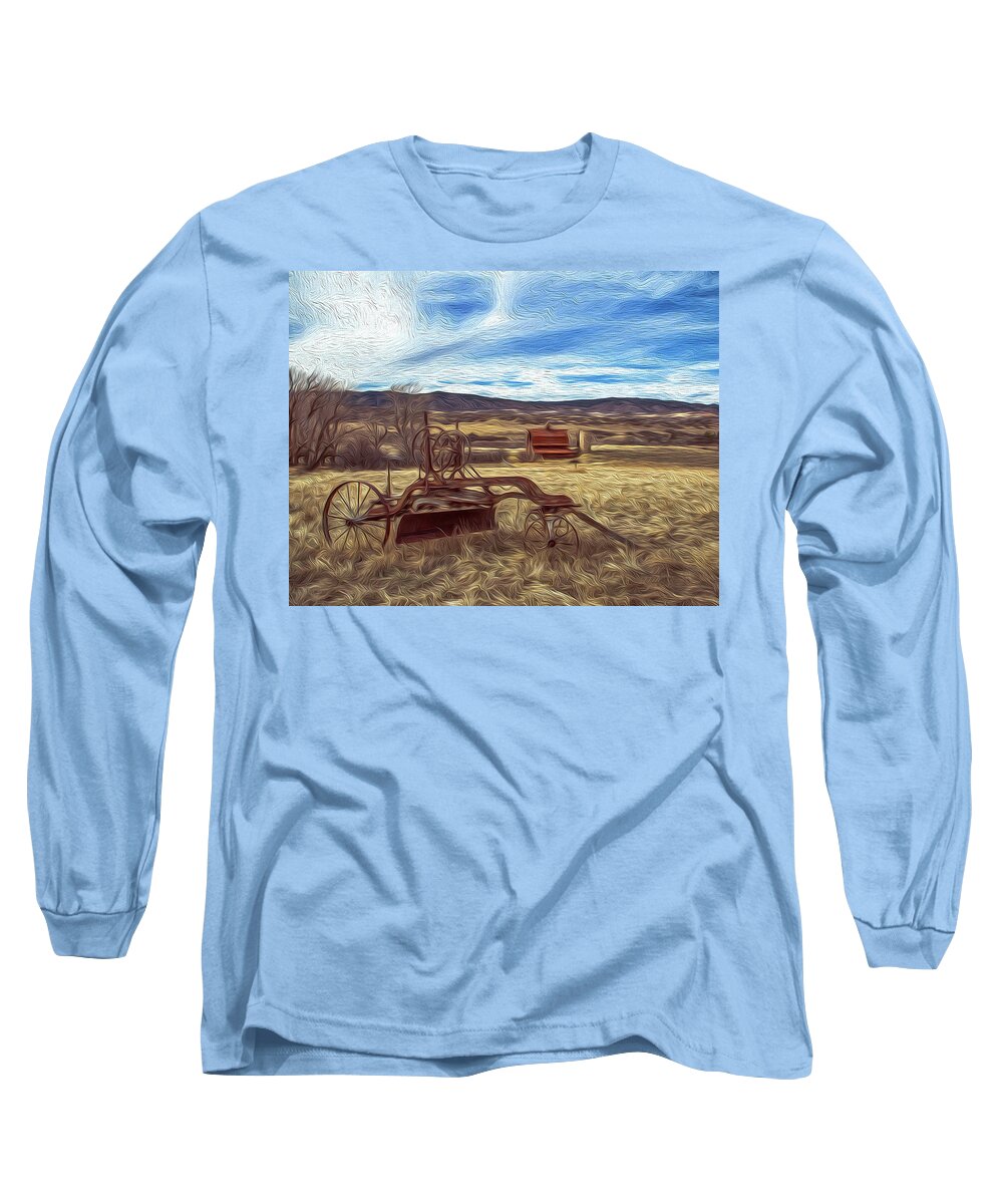 Red Barn Long Sleeve T-Shirt featuring the photograph Red Barn and Farm Equipment by Stephen Johnson