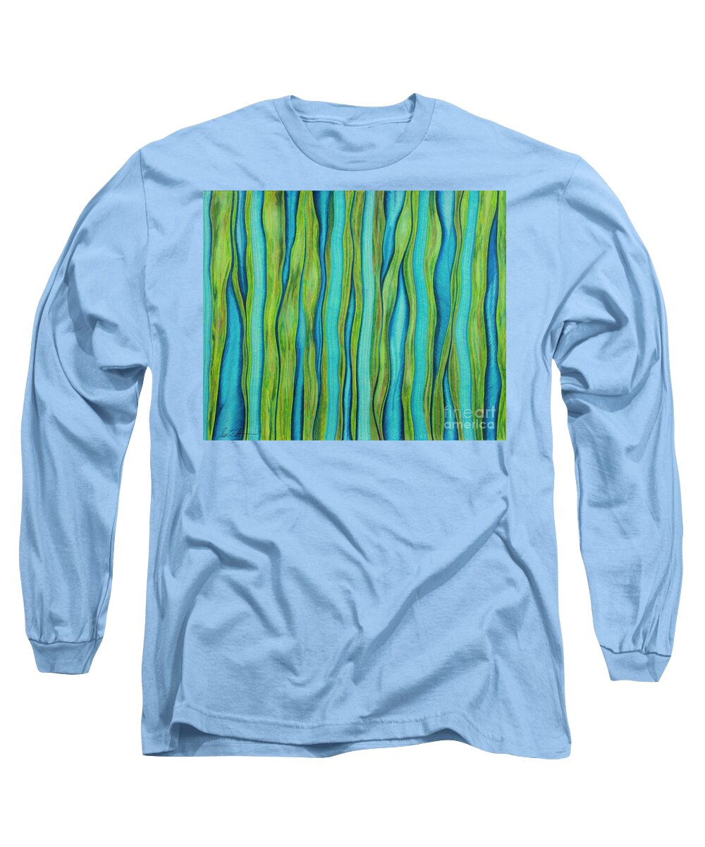 Blue Green Scottbrennanart Abstract Prismacolor Pencils Reeds Water Long Sleeve T-Shirt featuring the drawing Reeds In Cascade by Scott Brennan