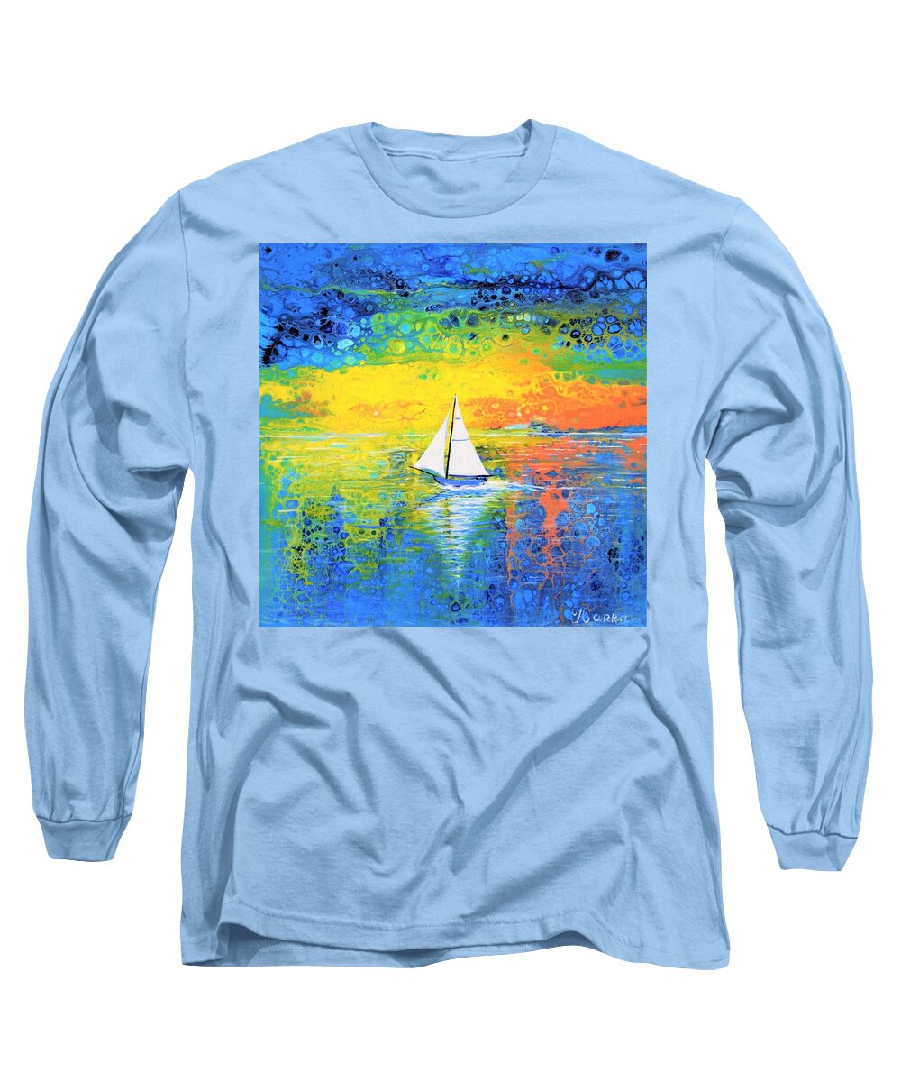 Wall Art Sailboat Sky Pouring Art Sunrise Sunset Home Decor Blue Sky Water Lake Art Gallery Acrylic Painting Abstract Painting Long Sleeve T-Shirt featuring the painting Sailboat by Tanya Harr