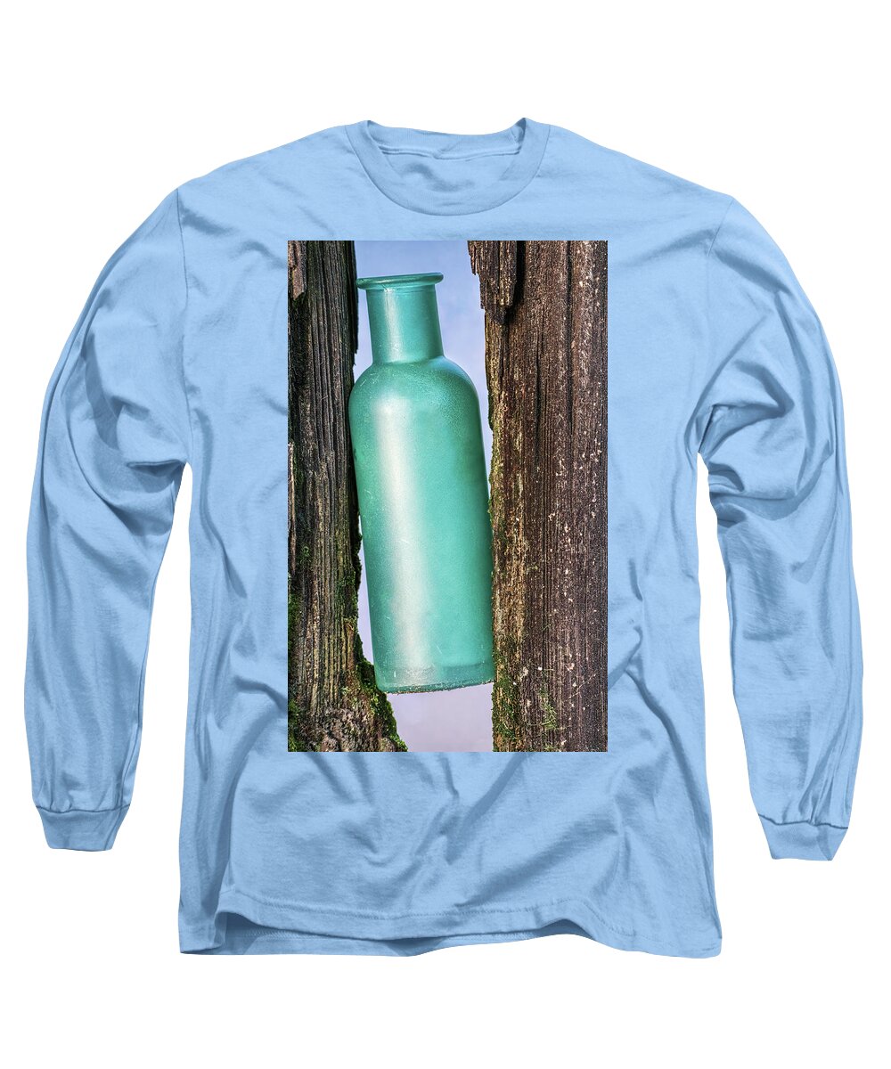 Bottle Long Sleeve T-Shirt featuring the photograph Sea Glass Bottle Caught Between Pilings by Gary Slawsky