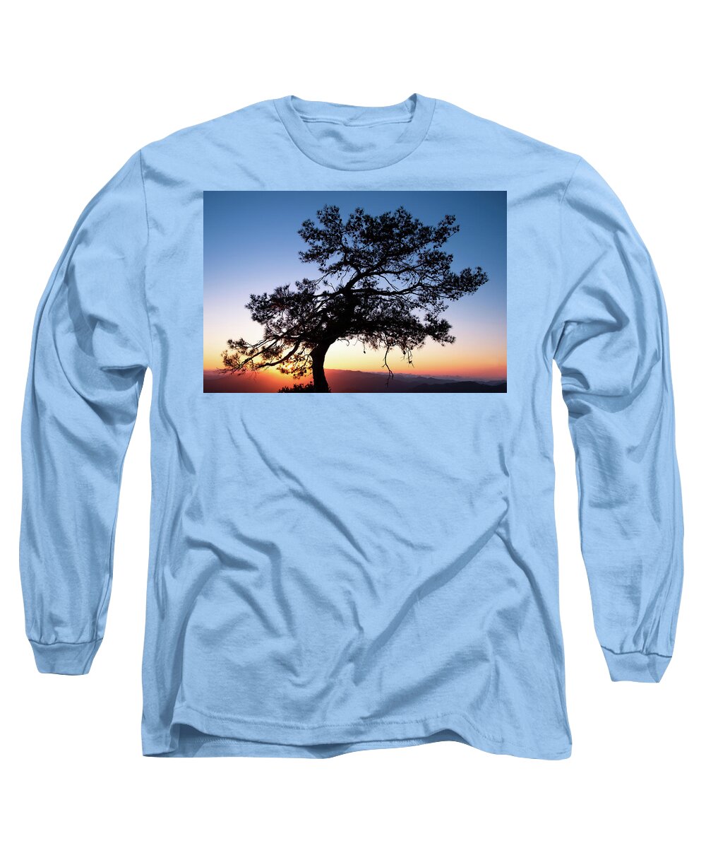 Cyprus Long Sleeve T-Shirt featuring the photograph Silhouette of a forest pine tree during blue hour with bright sun at sunset. by Michalakis Ppalis