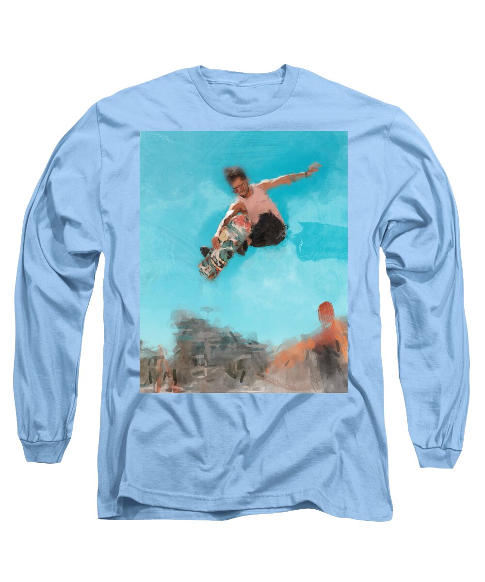 Skateboard Long Sleeve T-Shirt featuring the painting Skateboarder Jump by Gary Arnold