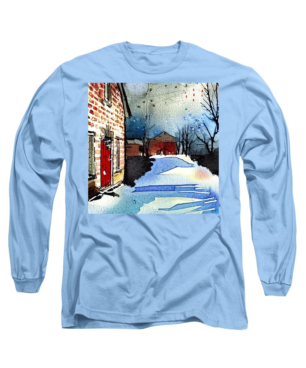 Waterloo Village Long Sleeve T-Shirt featuring the painting Smith's Store Waterloo Village, Morris Canal, In Winter by Christopher Lotito
