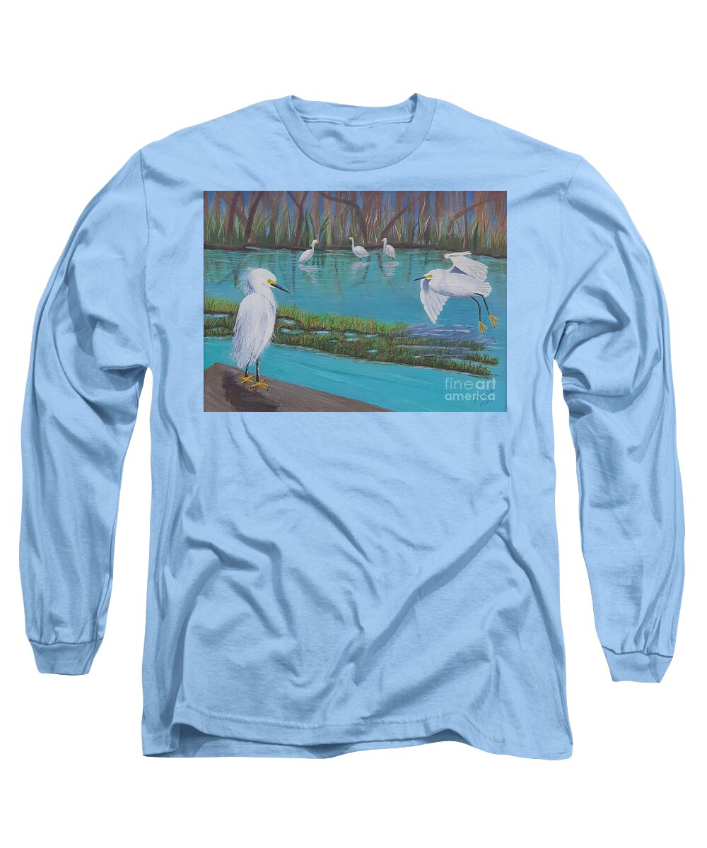 Snowy Long Sleeve T-Shirt featuring the painting Snowy Egrets by Elizabeth Mauldin