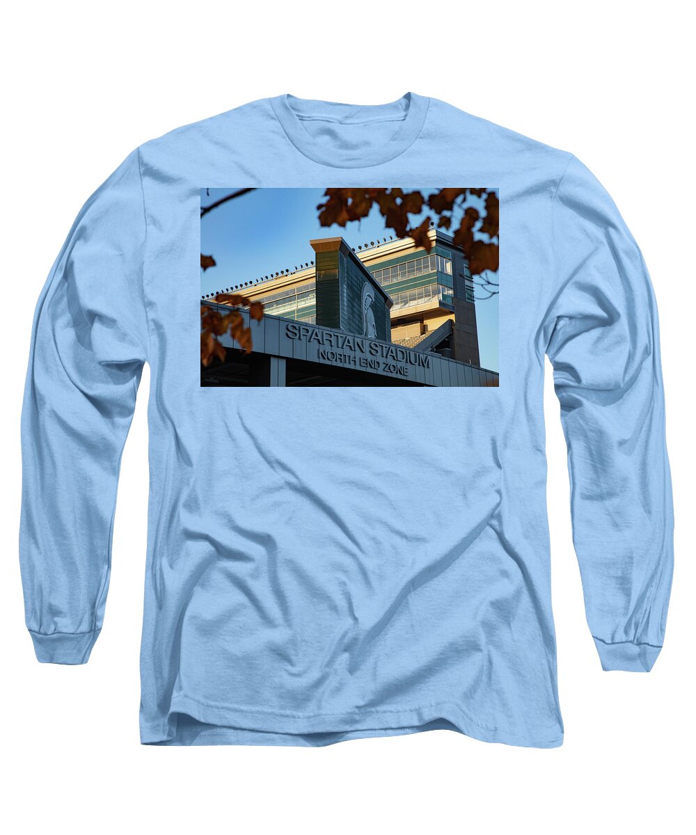 Michigan State Football Long Sleeve T-Shirt featuring the photograph Spartan Stadium north end zone through the trees by Eldon McGraw