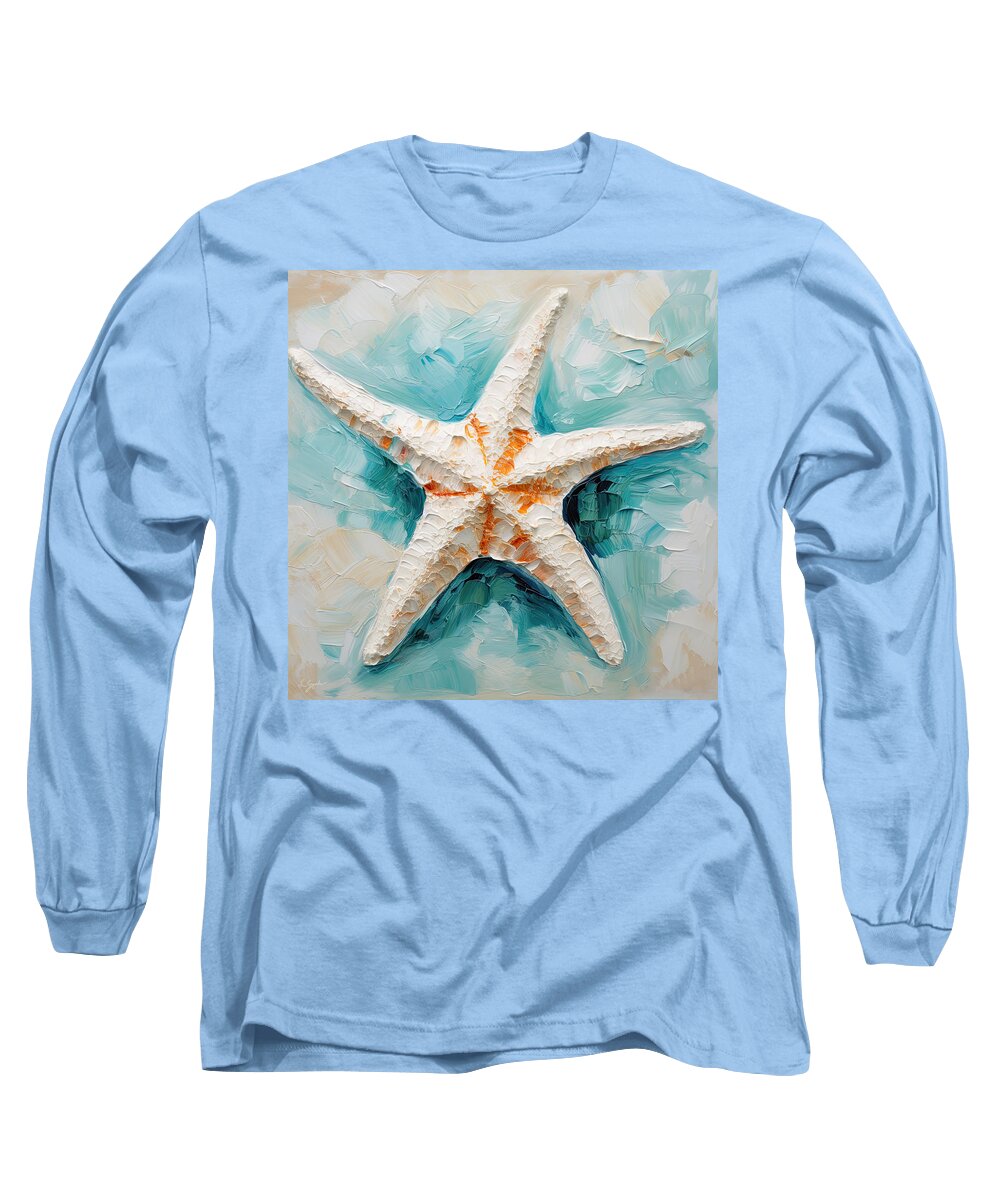 Seashell Long Sleeve T-Shirt featuring the painting Starfish Serenade - Teal and Orange Art by Lourry Legarde