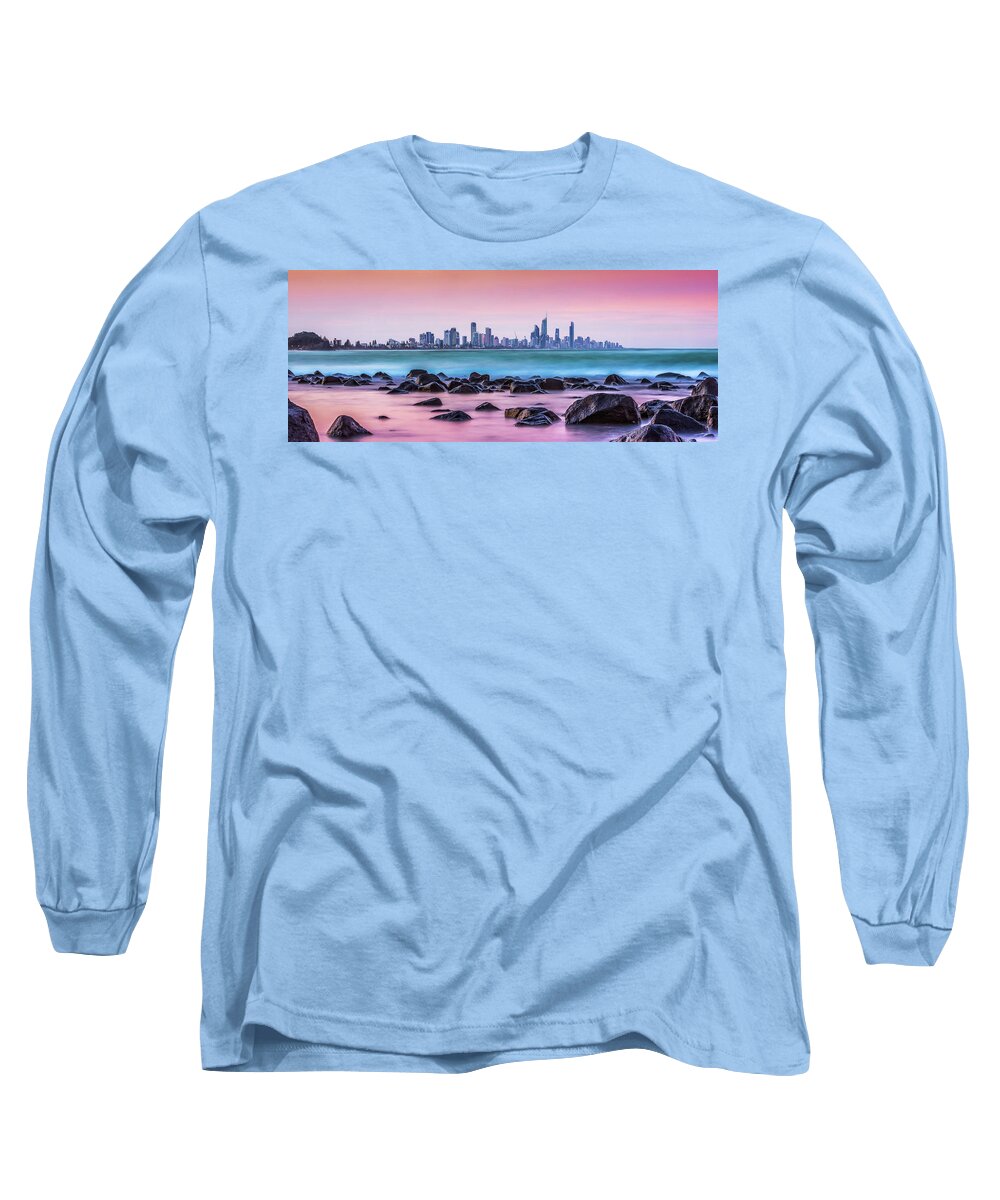 Gold Coast City Skyline Long Sleeve T-Shirt featuring the photograph Strawberry Sunset Panorama by Az Jackson