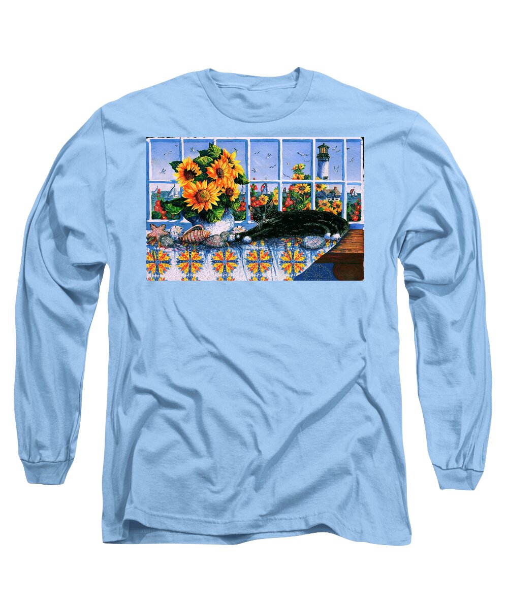 Quilt Long Sleeve T-Shirt featuring the painting Summer Beach House Cat by Diane Phalen