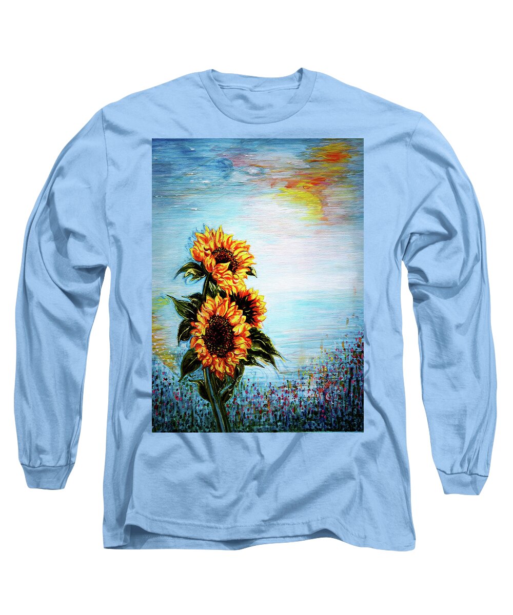 Sunflowers Long Sleeve T-Shirt featuring the painting Sunflowers - Where Ocean meets the Sky by Harsh Malik
