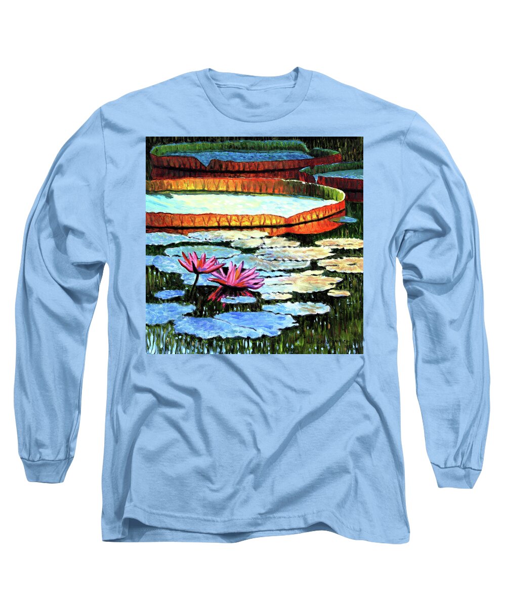 Water Lily Long Sleeve T-Shirt featuring the painting Sunlight On Lily Pad by John Lautermilch