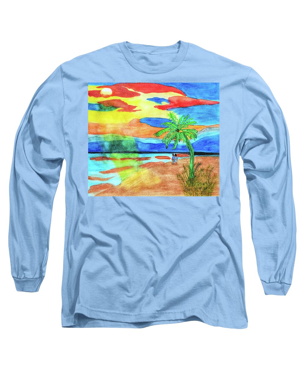 Sun Long Sleeve T-Shirt featuring the painting Sunset Walk by Shady Lane Studios-Karen Howard