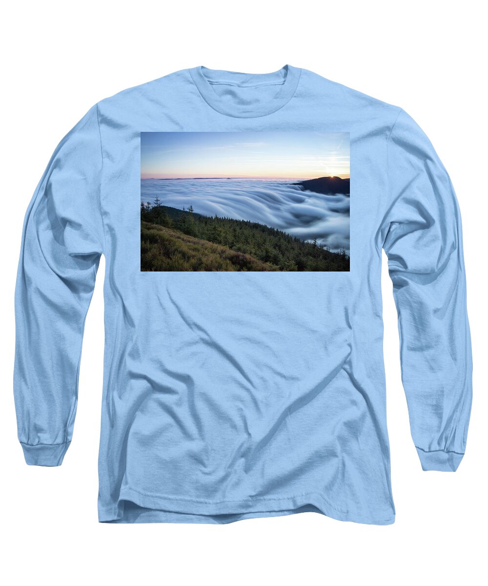 Courage Long Sleeve T-Shirt featuring the photograph Sunset with floating blue waves of clouds by Vaclav Sonnek