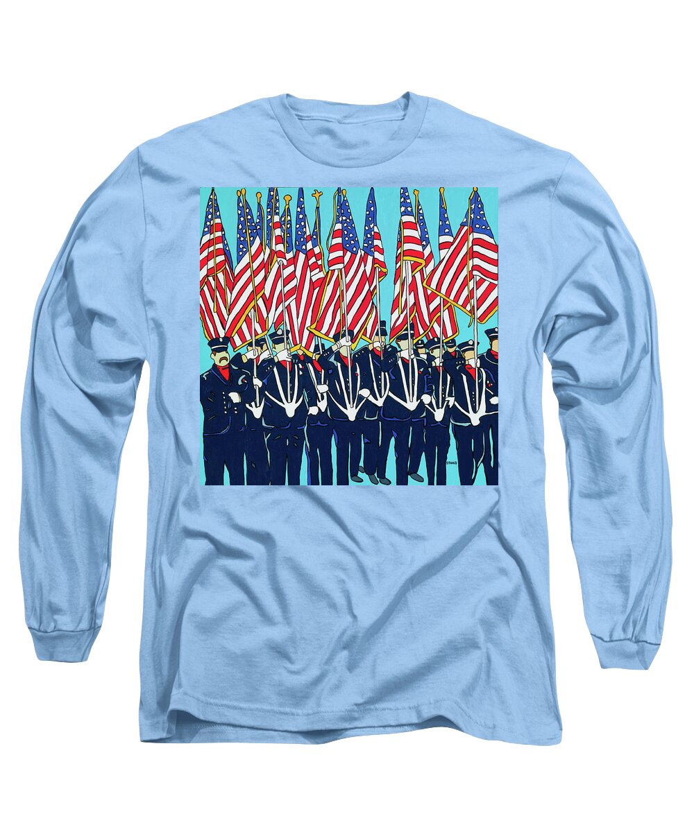 Usa Firemen Memorialday Flag America Americanflag Flags Parade Memorialdayparade Long Sleeve T-Shirt featuring the painting The Parade by Mike Stanko