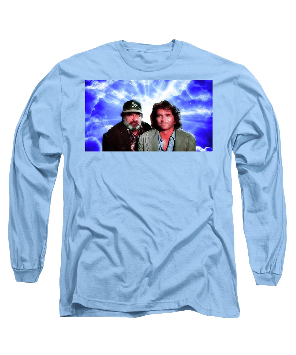Michael Landon Long Sleeve T-Shirt featuring the mixed media Victor French and Michael Landon - Real Angels Now by Teresa Trotter