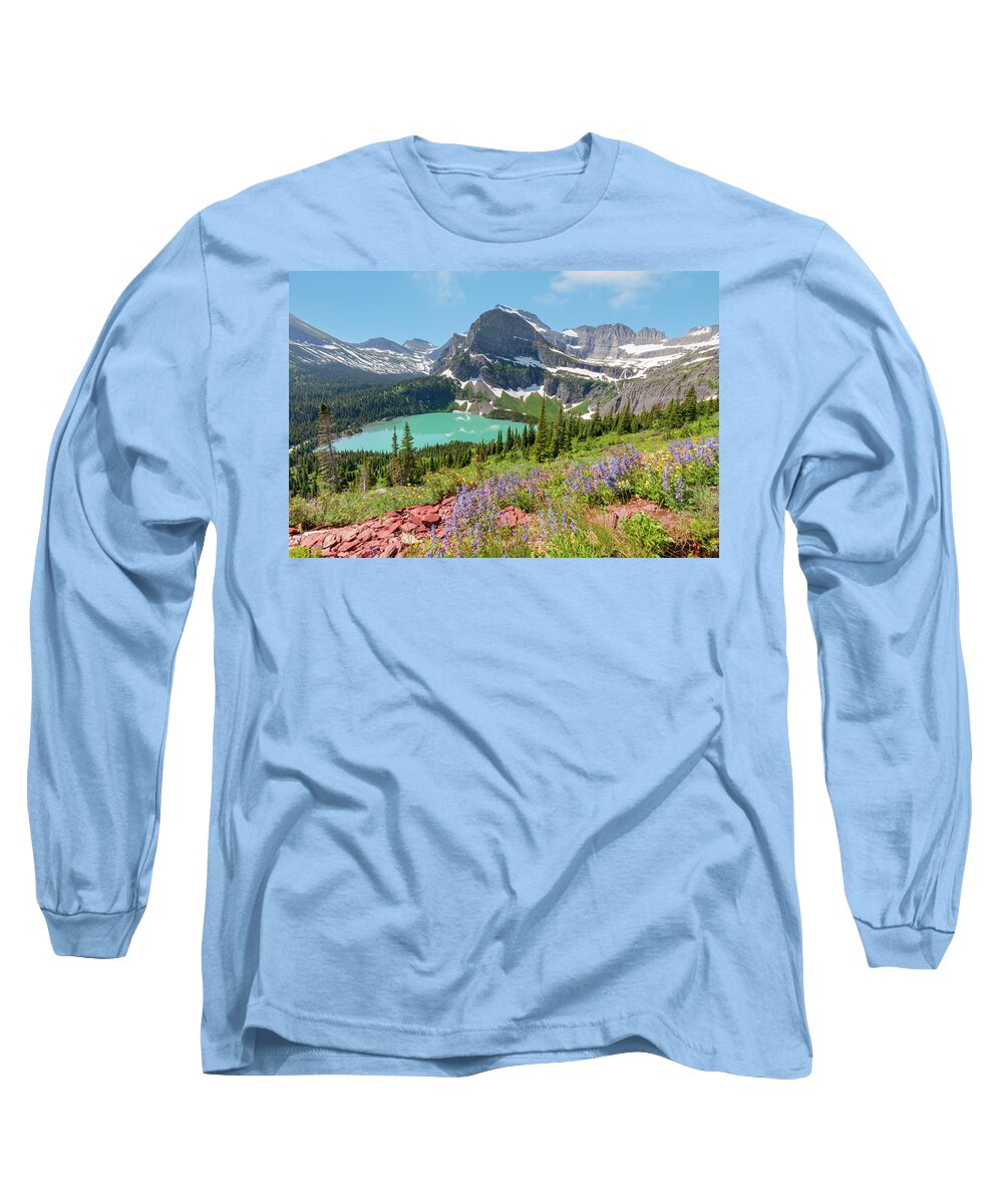 Glacier National Park Long Sleeve T-Shirt featuring the photograph Wildflowers above Grinnell Lake by Jack Bell