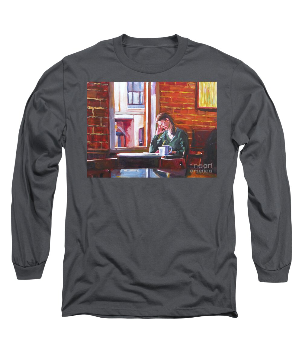 Interior Long Sleeve T-Shirt featuring the painting Bistro Student by David Lloyd Glover