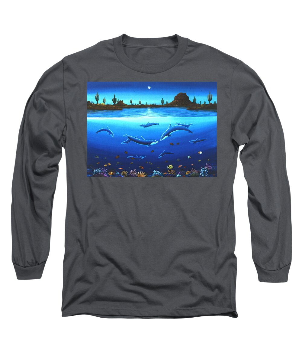 Dolphins Long Sleeve T-Shirt featuring the painting Desert Dolphins #1 by Lance Headlee